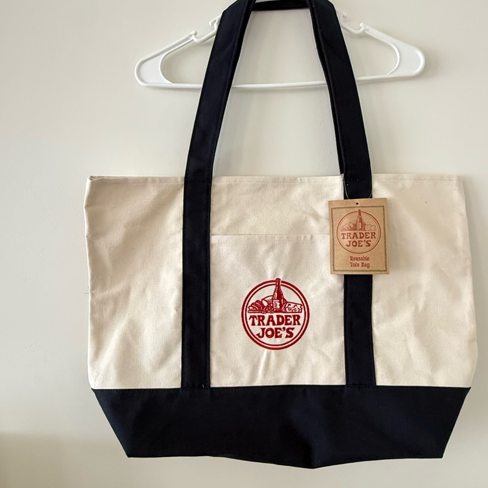Trader Joe's Canvas Large Tote Bag in Cream and Blue